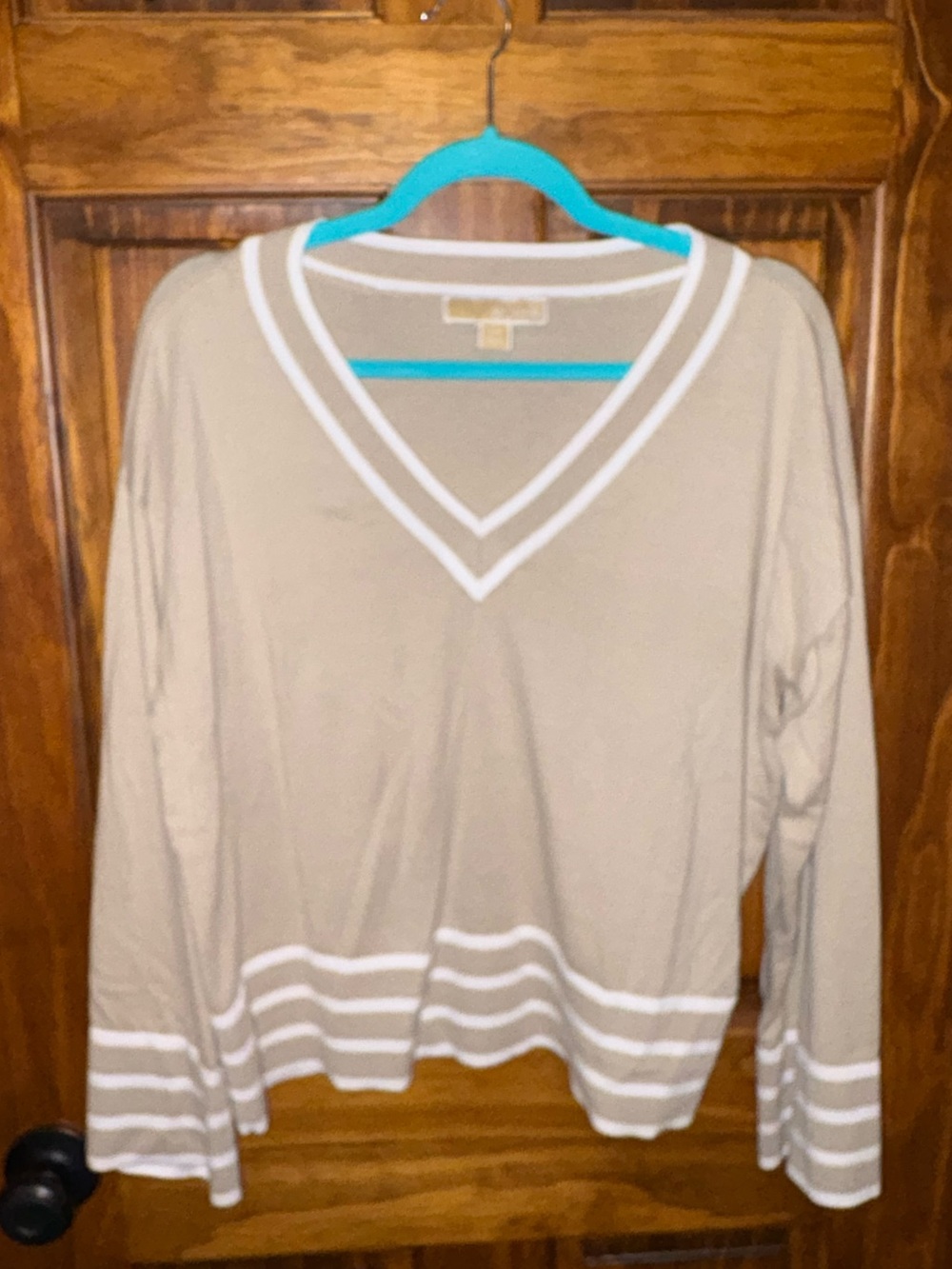 Michael Kors Classic Beige V-Neck Sweater with White Stripe Trim